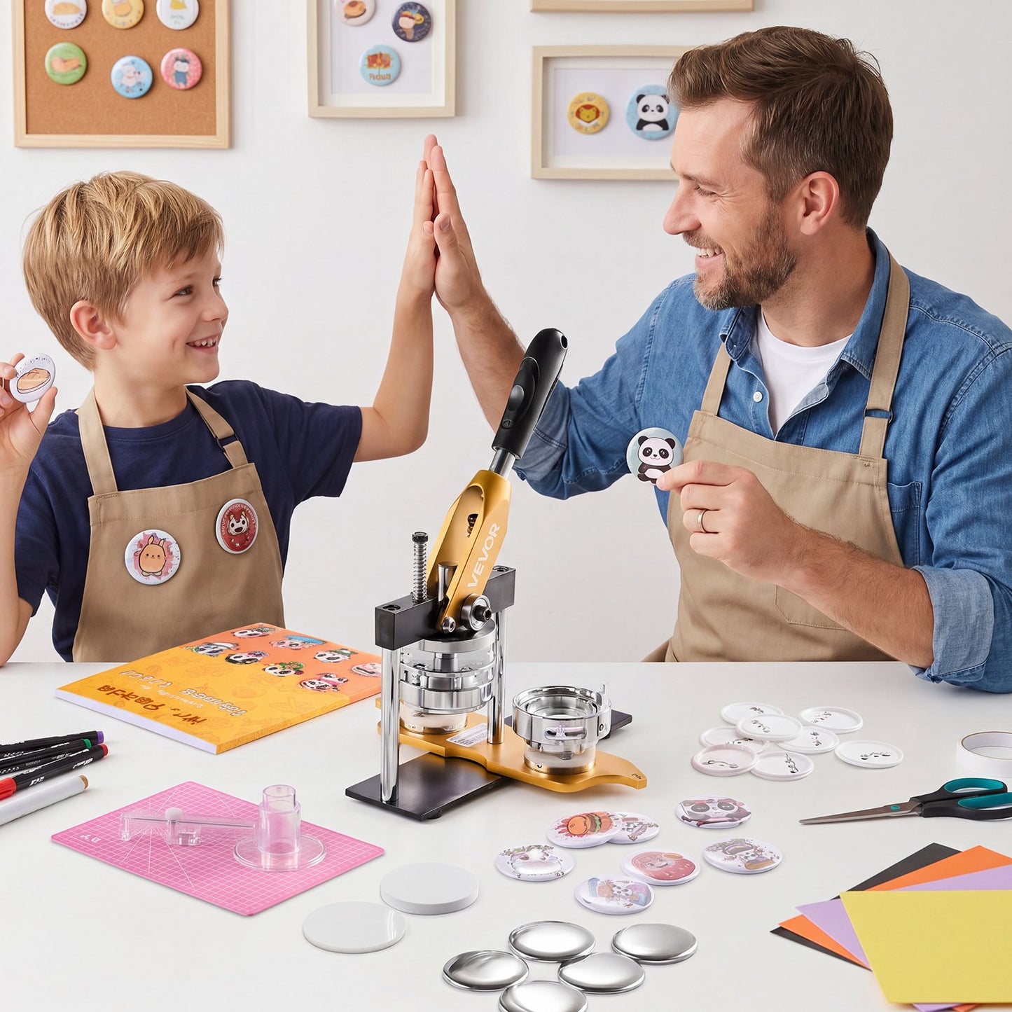 Button Maker Machine, 2.25" / 58 mm, Solid Metal Pin Maker with 100pcs Button Parts, Circle Cutter and Magic Book, Reinforced Ergonomic Handle, Steel Mold, for DIY Badges, Pins, Key Chains