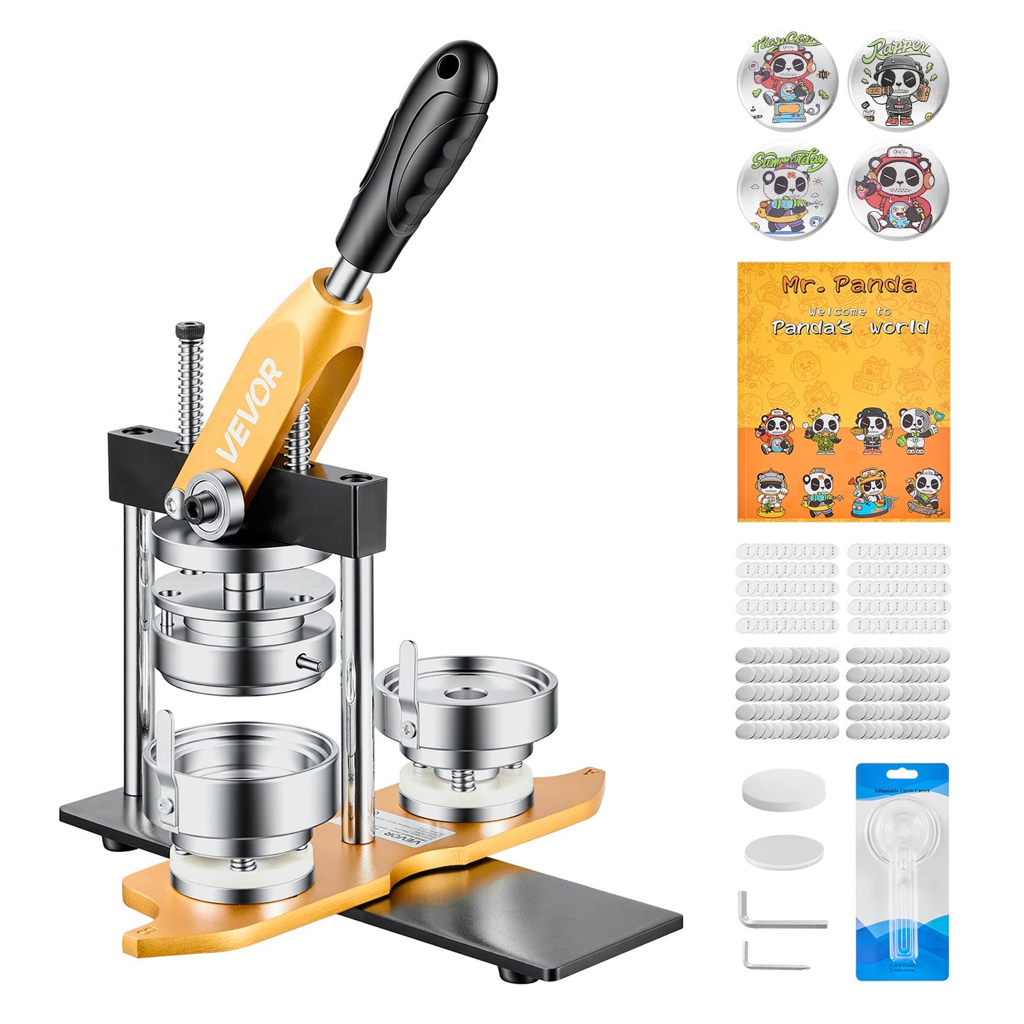 Button Maker Machine, 2.25" / 58 mm, Solid Metal Pin Maker with 100pcs Button Parts, Circle Cutter and Magic Book, Reinforced Ergonomic Handle, Steel Mold, for DIY Badges, Pins, Key Chains