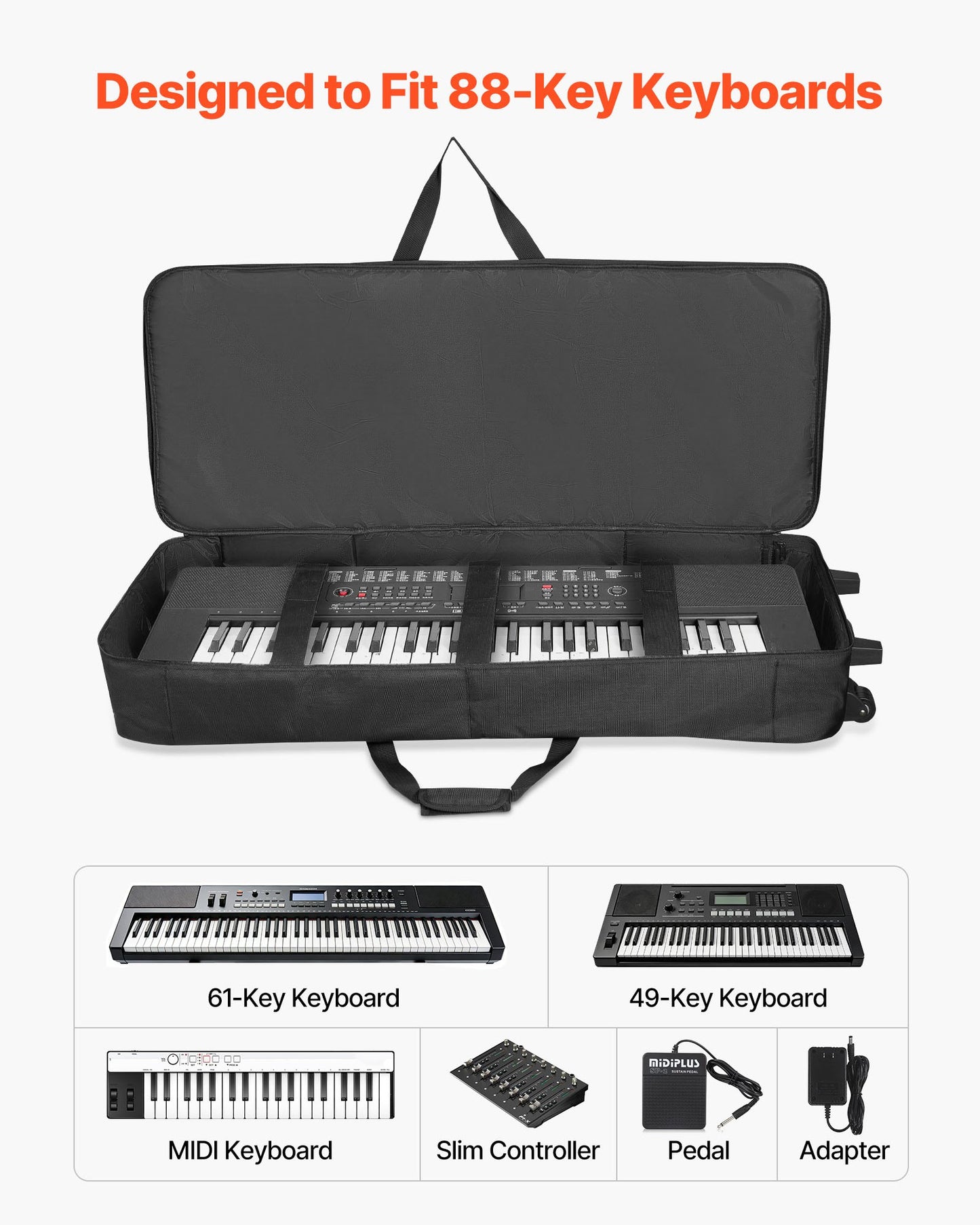 88 Key Keyboard Case, 1040 x 430 x 130 mm Interior, Padded Rolling Piano Case with Wheels, Sturdy Handle, 3-Pocket Storage, Gig Bag with Smooth Wheels, for 88 Note Keyboards and Electric Pianos