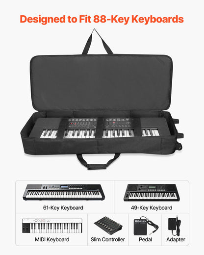 88 Key Keyboard Case, 1040 x 430 x 130 mm Interior, Padded Rolling Piano Case with Wheels, Sturdy Handle, 3-Pocket Storage, Gig Bag with Smooth Wheels, for 88 Note Keyboards and Electric Pianos
