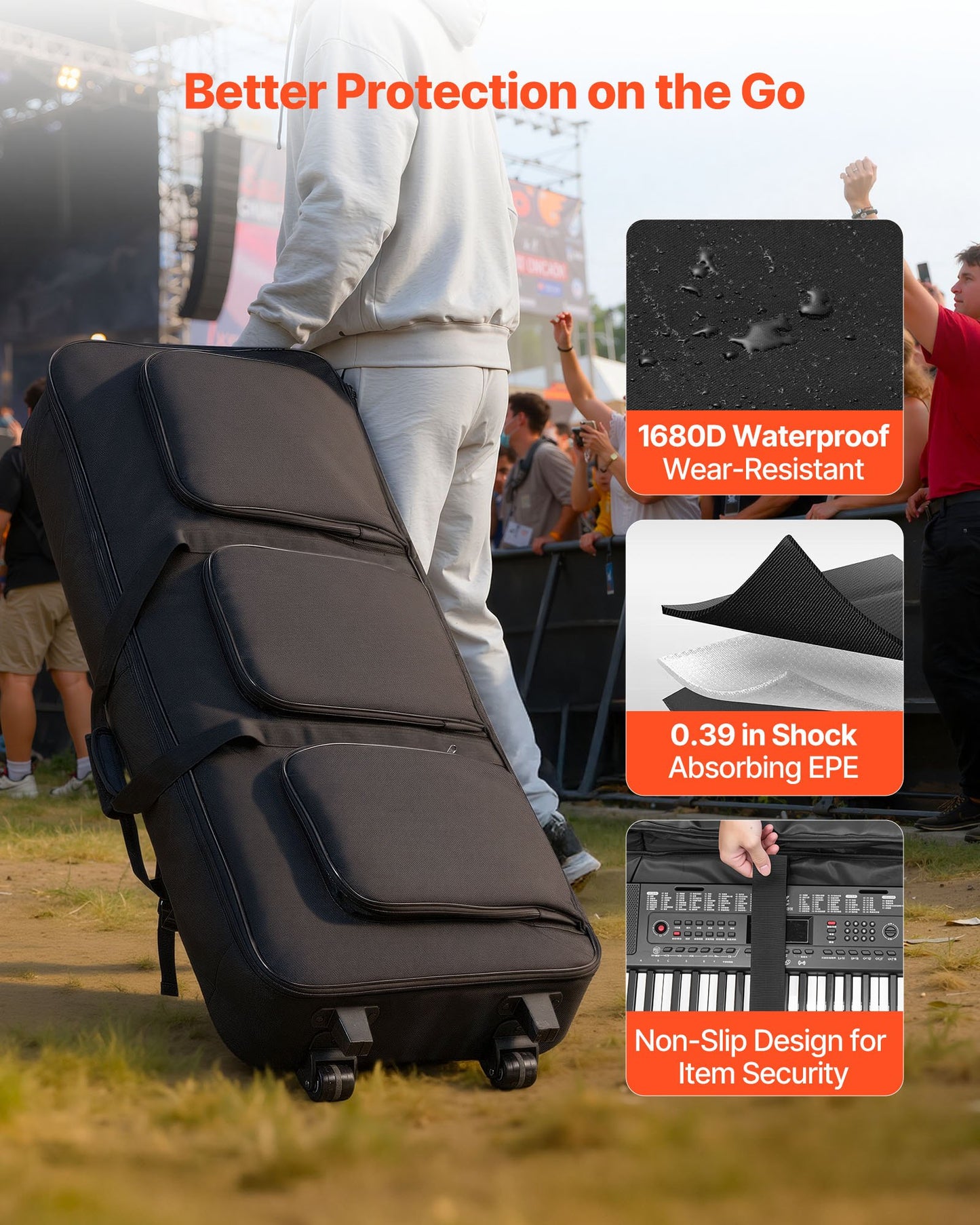 88 Key Keyboard Case, 1040 x 430 x 130 mm Interior, Padded Rolling Piano Case with Wheels, Sturdy Handle, 3-Pocket Storage, Gig Bag with Smooth Wheels, for 88 Note Keyboards and Electric Pianos