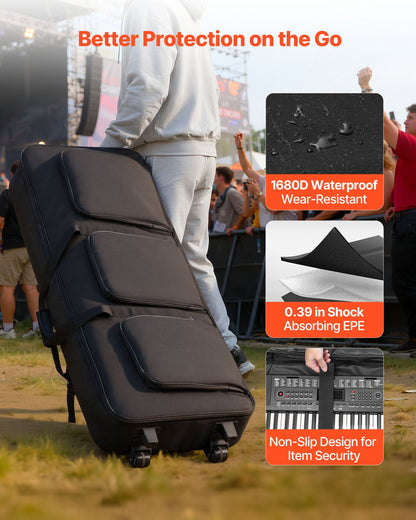 88 Key Keyboard Case, 1040 x 430 x 130 mm Interior, Padded Rolling Piano Case with Wheels, Sturdy Handle, 3-Pocket Storage, Gig Bag with Smooth Wheels, for 88 Note Keyboards and Electric Pianos