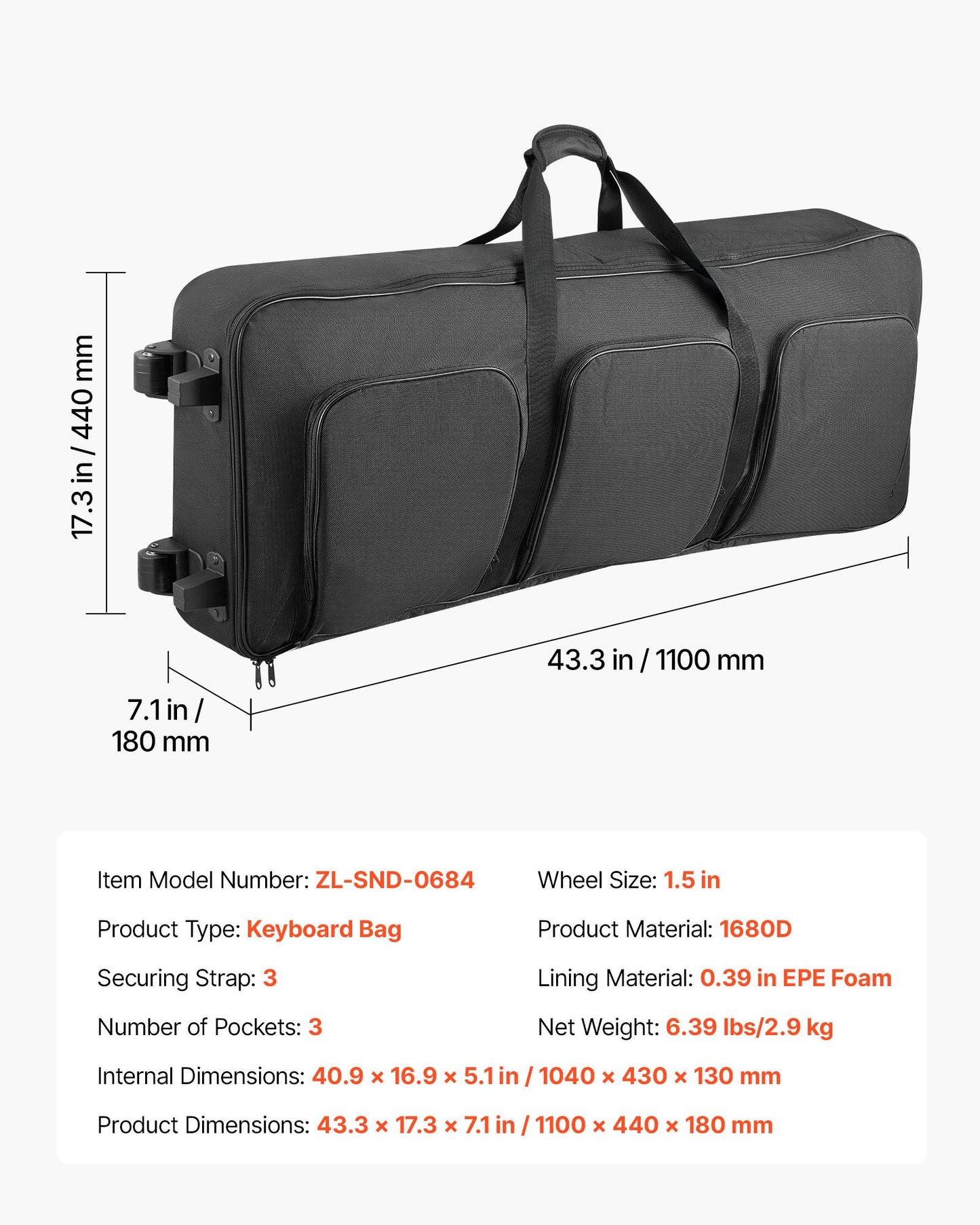88 Key Keyboard Case, 1040 x 430 x 130 mm Interior, Padded Rolling Piano Case with Wheels, Sturdy Handle, 3-Pocket Storage, Gig Bag with Smooth Wheels, for 88 Note Keyboards and Electric Pianos