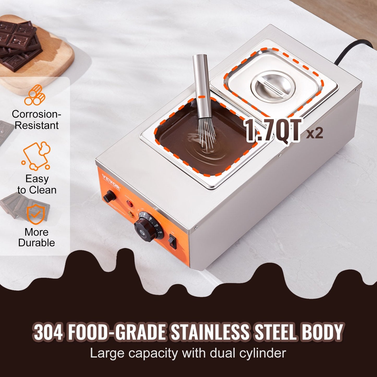 Dual-Tank Chocolate Melting Pot with Temperature Control, 1.5L Capacity, 800W
