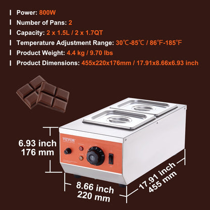 Dual-Tank Chocolate Melting Pot with Temperature Control, 1.5L Capacity, 800W