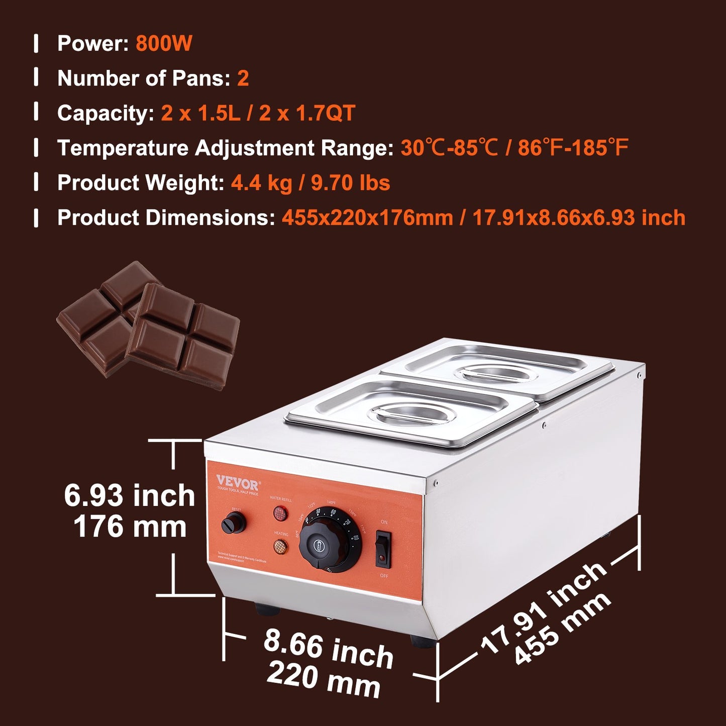 VEVOR Chocolate Tempering Machine, 2 Tanks Chocolate Melting Pot with TEMP Control