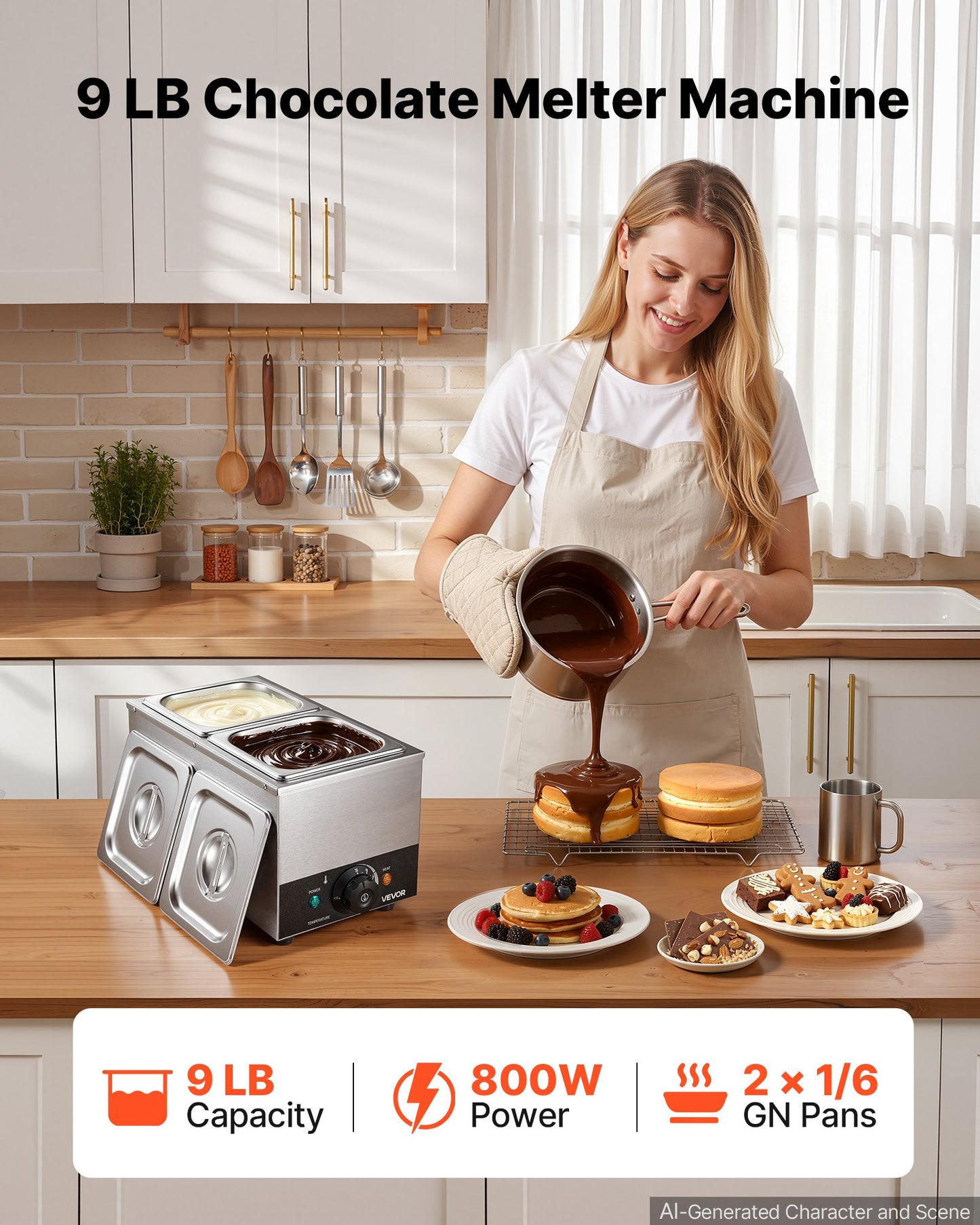 Chocolate Melting Machine, 2 Tanks 4 kg Choc Commercial Melter, 800W High Power, Water Bath Heating System, Stainless Steel Body, 30℃ to 85℃ Temp Range, Chocolate Warmer for Cheese Milk
