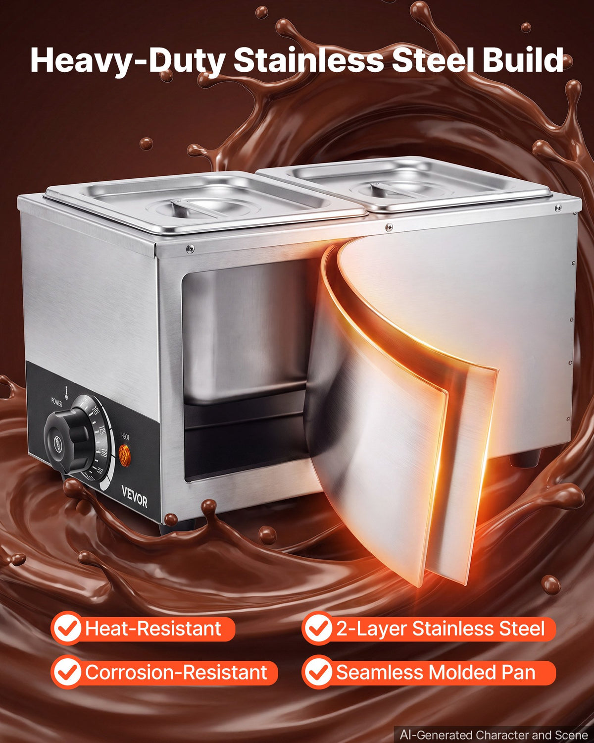 Chocolate Melting Machine, 2 Tanks 4 kg Choc Commercial Melter, 800W High Power, Water Bath Heating System, Stainless Steel Body, 30℃ to 85℃ Temp Range, Chocolate Warmer for Cheese Milk
