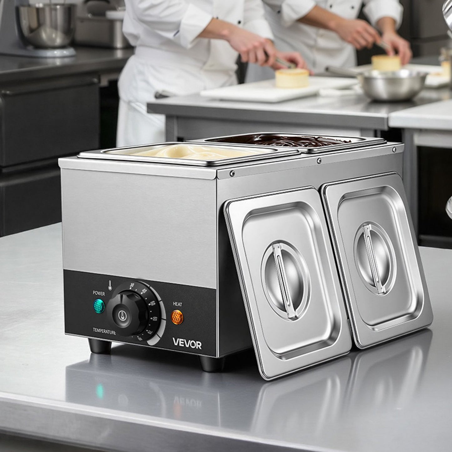 Chocolate Melting Machine, 2 Tanks 4 kg Choc Commercial Melter, 800W High Power, Water Bath Heating System, Stainless Steel Body, 30℃ to 85℃ Temp Range, Chocolate Warmer for Cheese Milk