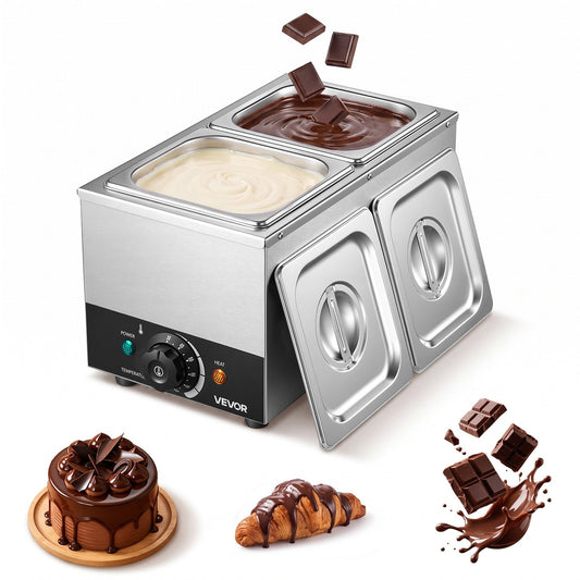Chocolate Melting Machine, 2 Tanks 4 kg Choc Commercial Melter, 800W High Power, Water Bath Heating System, Stainless Steel Body, 30℃ to 85℃ Temp Range, Chocolate Warmer for Cheese Milk