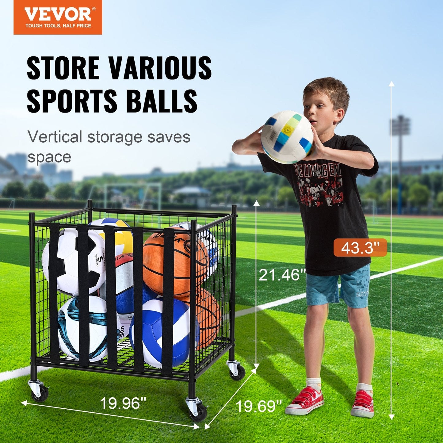 Portable Sports Ball Storage Cart with Lockable Cage and Elastic Straps, Steel Rack