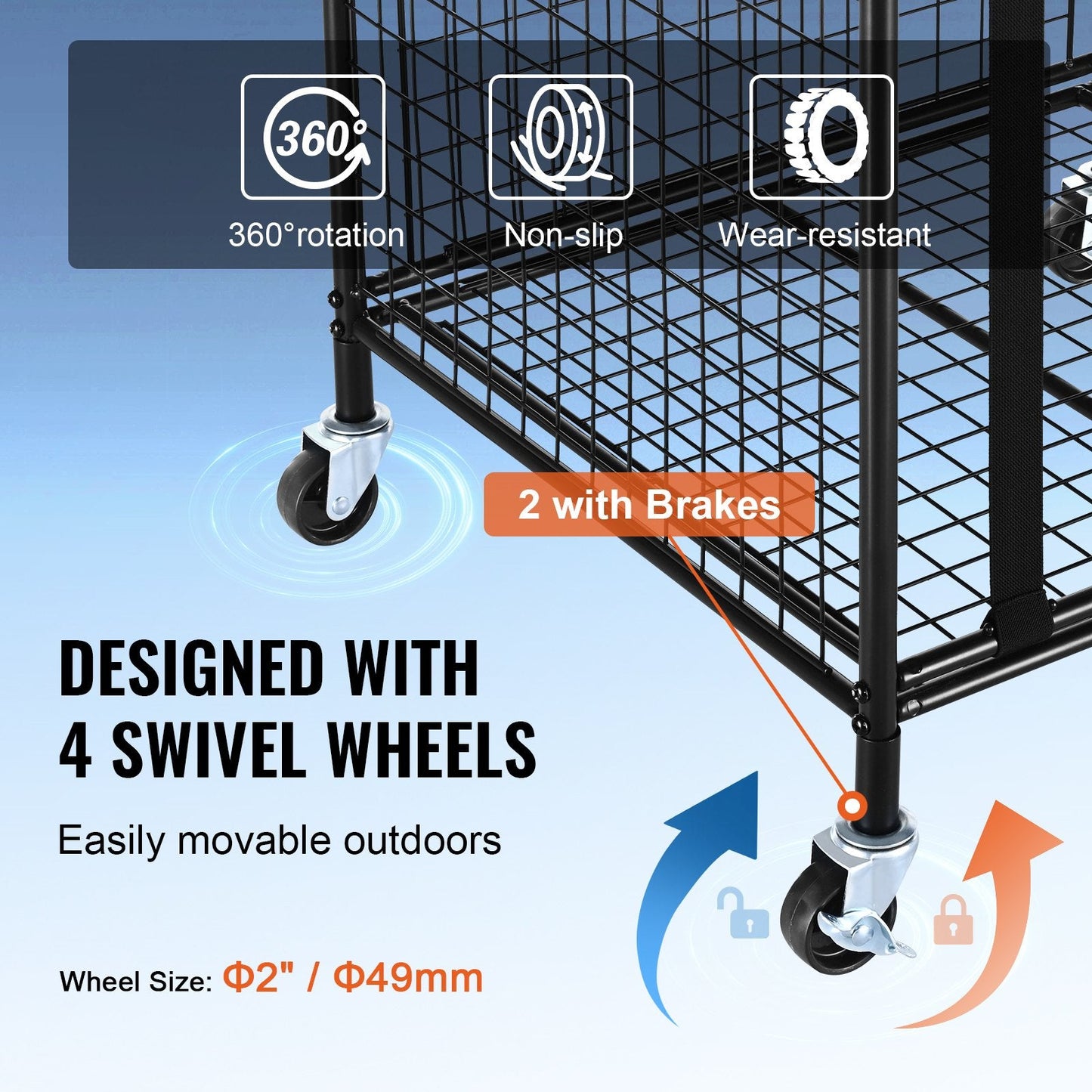 Portable Sports Ball Storage Cart with Lockable Cage and Elastic Straps, Steel Rack