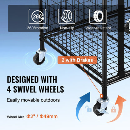 Portable Sports Ball Storage Cart with Lockable Cage and Elastic Straps, Steel Rack