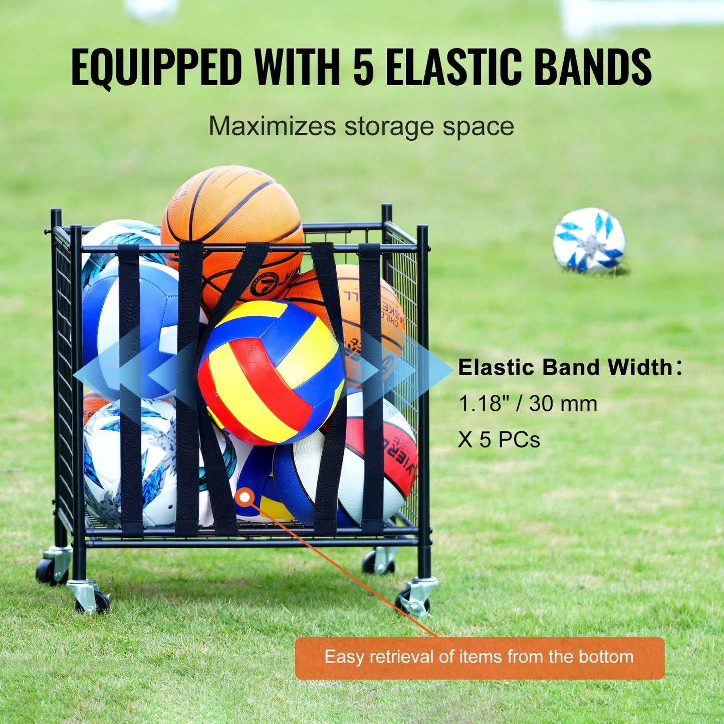 Portable Sports Ball Storage Cart with Lockable Cage and Elastic Straps, Steel Rack