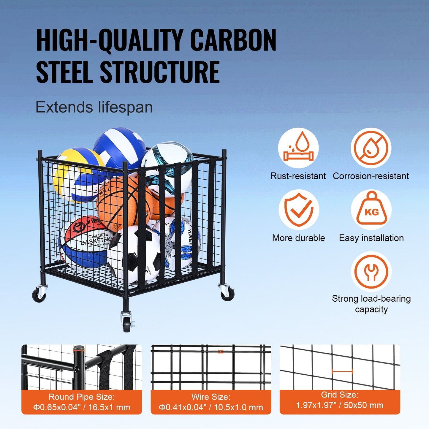 Portable Sports Ball Storage Cart with Lockable Cage and Elastic Straps, Steel Rack
