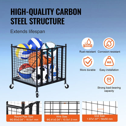 Portable Sports Ball Storage Cart with Lockable Cage and Elastic Straps, Steel Rack