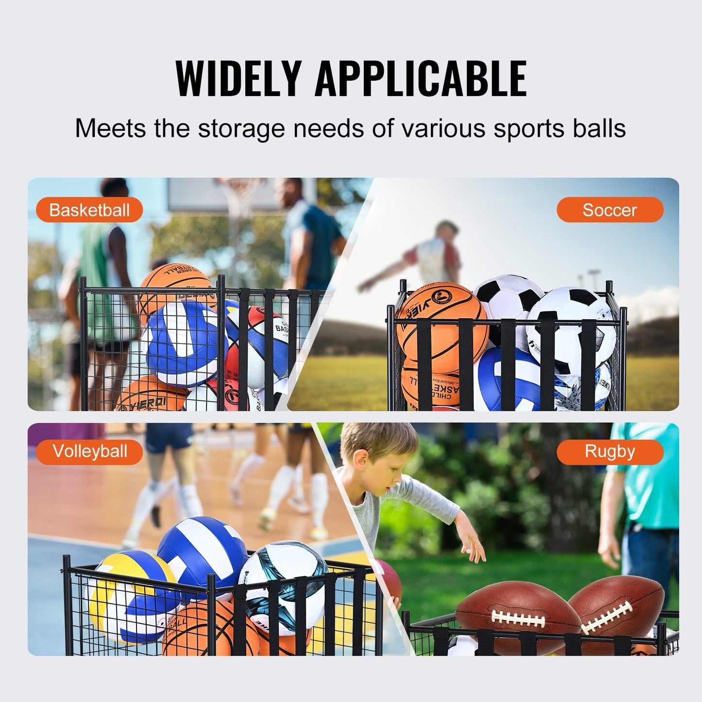 Portable Sports Ball Storage Cart with Lockable Cage and Elastic Straps, Steel Rack
