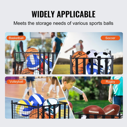 Portable Sports Ball Storage Cart with Lockable Cage and Elastic Straps, Steel Rack