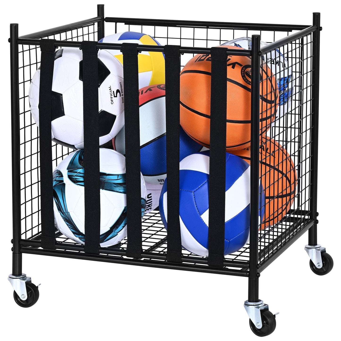Portable Sports Ball Storage Cart with Lockable Cage and Elastic Straps, Steel Rack