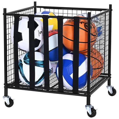 Portable Sports Ball Storage Cart with Lockable Cage and Elastic Straps, Steel Rack