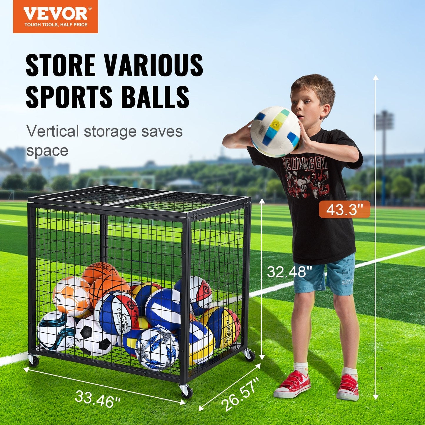 Rolling Sports Ball Storage Cart with Lockable Double Lids, Steel Construction