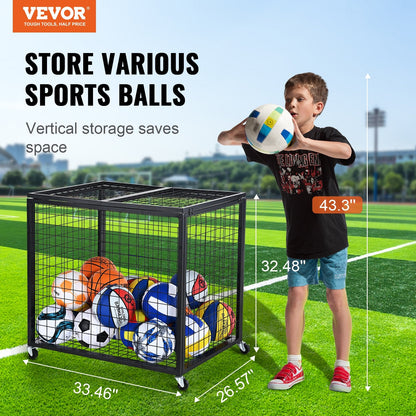 Rolling Sports Ball Storage Cart with Lockable Double Lids, Steel Construction