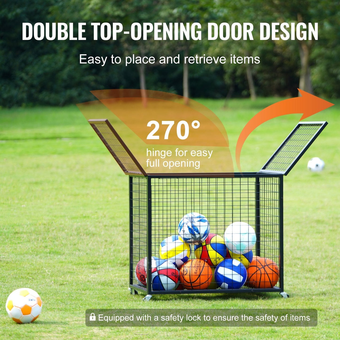 Rolling Sports Ball Storage Cart with Lockable Double Lids, Steel Construction
