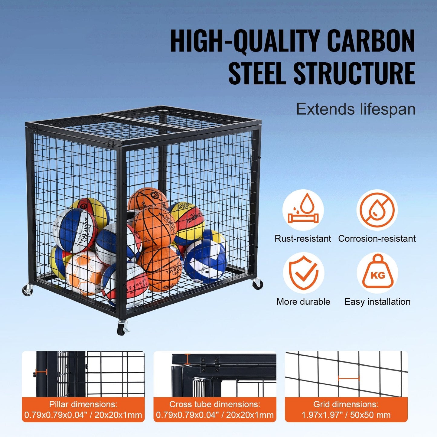 Rolling Sports Ball Storage Cart with Lockable Double Lids, Steel Construction
