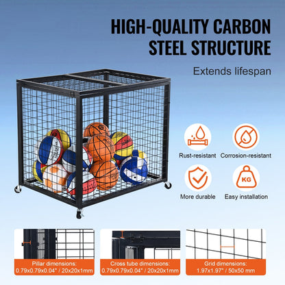 Rolling Sports Ball Storage Cart with Lockable Double Lids, Steel Construction