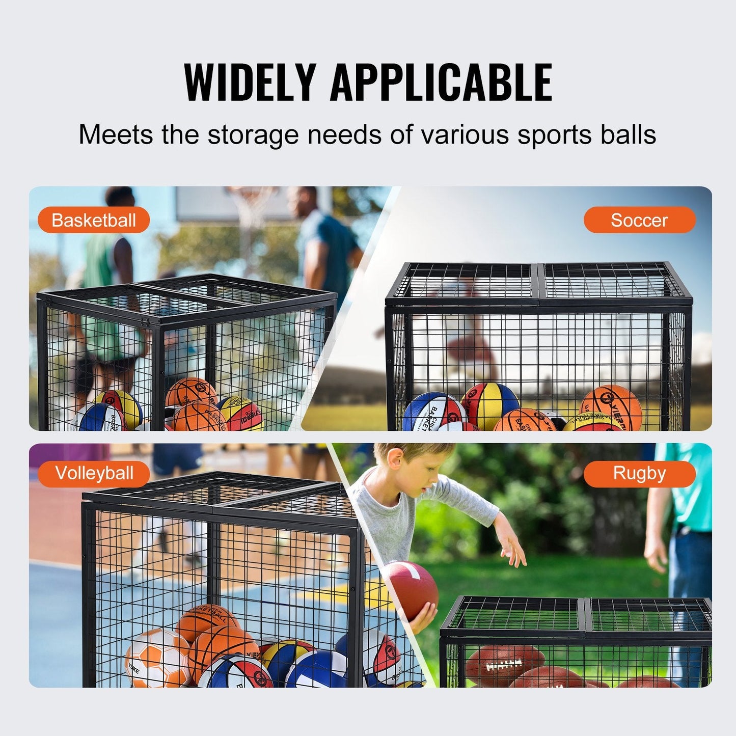 Rolling Sports Ball Storage Cart with Lockable Double Lids, Steel Construction