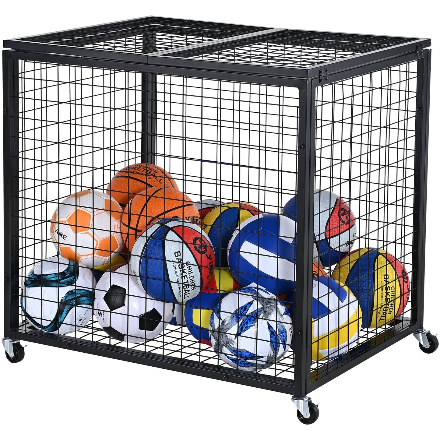 Rolling Sports Ball Storage Cart with Lockable Double Lids, Steel Construction