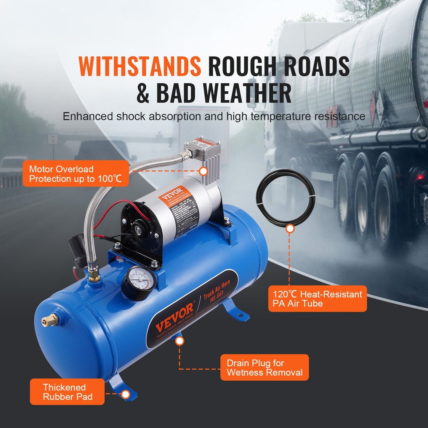 12V Air Compressor with 6L Tank, 120 psi for Train Horns & Tires, 4.65 kg