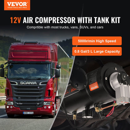 VEVOR 12V Air Compressor with Tank 0.8 Gallon/3 L, Train Horn Air Compressor, 120