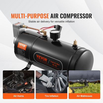 VEVOR 12V Air Compressor with Tank 0.8 Gallon/3 L, Train Horn Air Compressor, 120