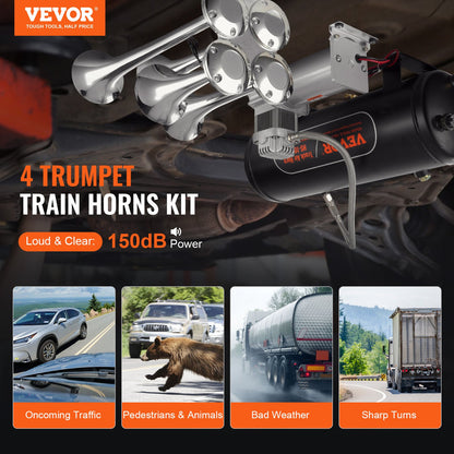 VEVOR Train Horns Kit, 4 Trumpet Air Horn Kit, 150dB Train Horns for Pickup Trucks,
