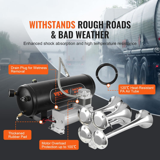 4-Trumpet Air Horn Kit with 12V Compressor, 150dB, 10L Tank, for Vehicles