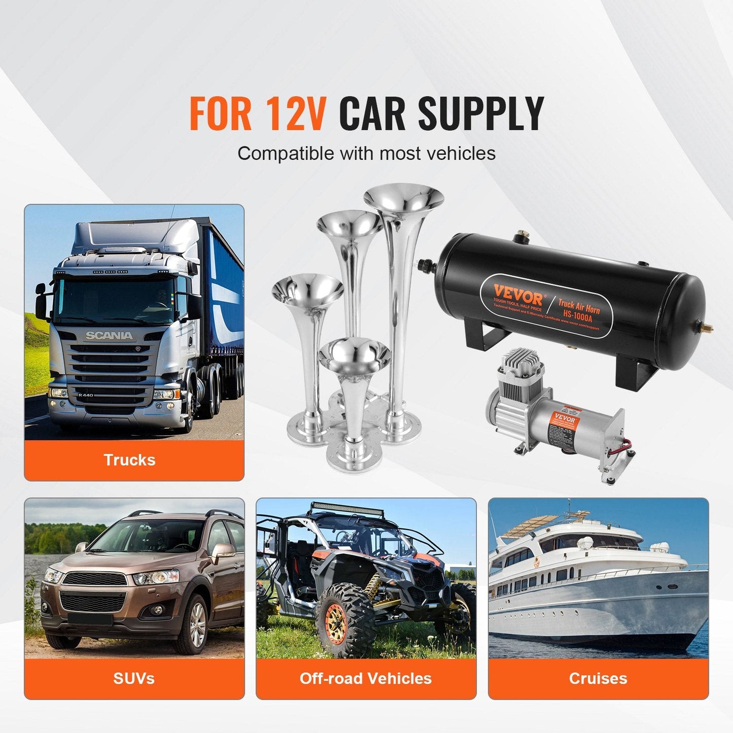 4-Trumpet Air Horn Kit with 12V Compressor, 150dB, 10L Tank, for Vehicles