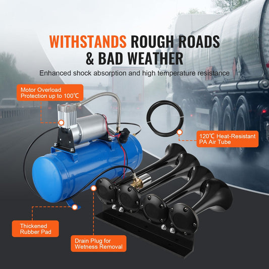4 Trumpet Air Horn Kit, 150dB, with 6L Tank & Compressor for Vehicles
