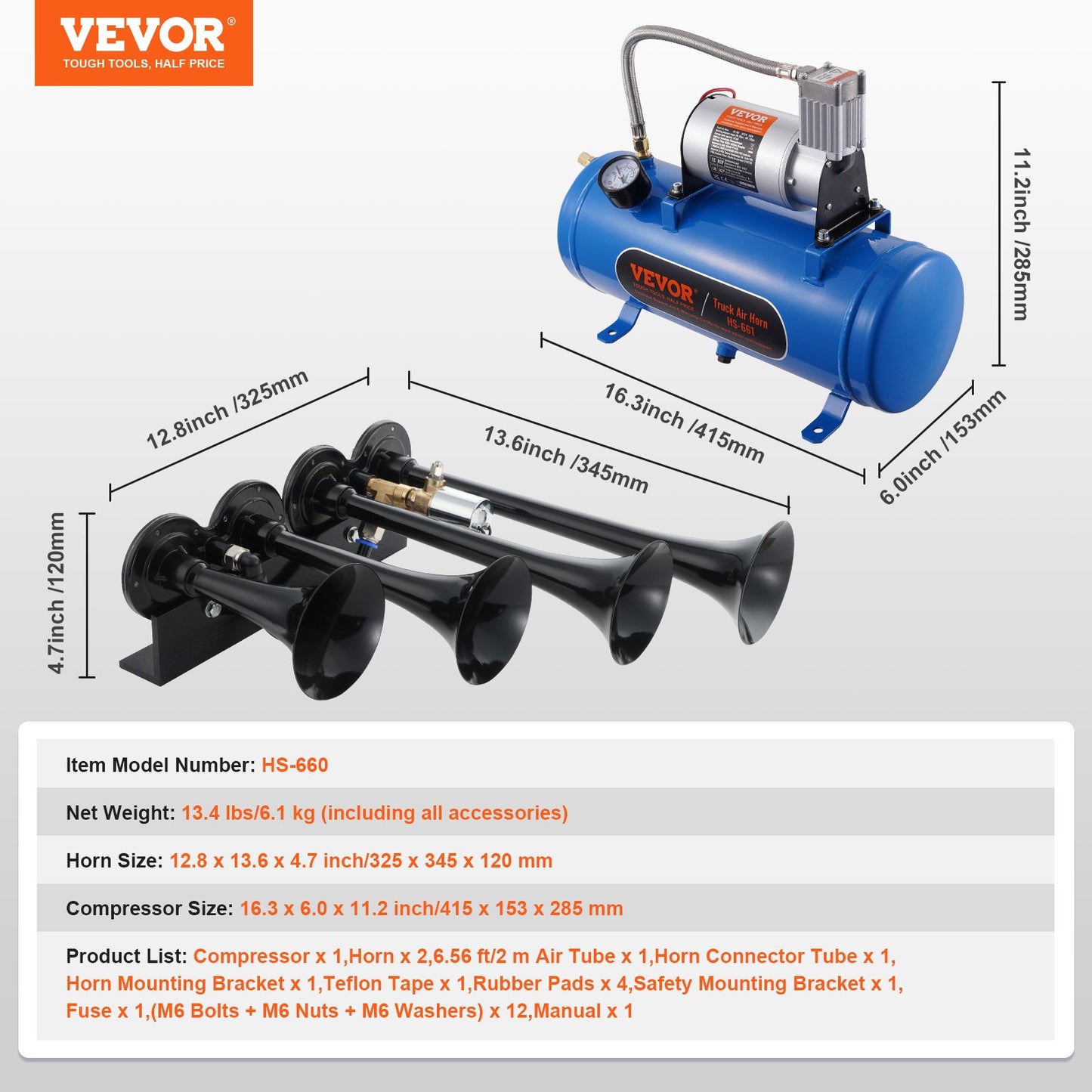 VEVOR Train Horns Kit, 4 Trumpet Air Horn Kit, 150dB Train Horns for Pickup Trucks,