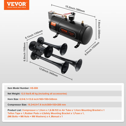 VEVOR Train Horns Kit, 4 Trumpet Air Horn Kit, 150dB Train Horns for Pickup Trucks,