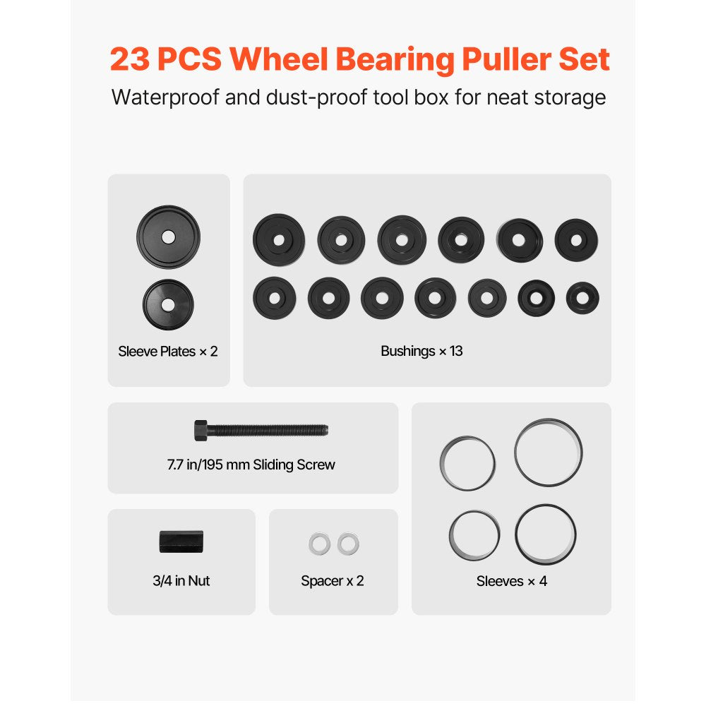 Wheel Bearing Press Kit, 23 PCS FWD Bearing Puller Tools, for Front Wheel Drive Bearing Removal and Installation, Wheel Bearing Tool with Sliding Screw, Bushings, Sleeve Plates, Storage Case