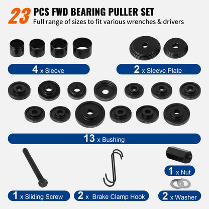 Front Wheel Drive Bearing Puller Kit, 23 PCS, 45# Steel for Cars & Light Trucks