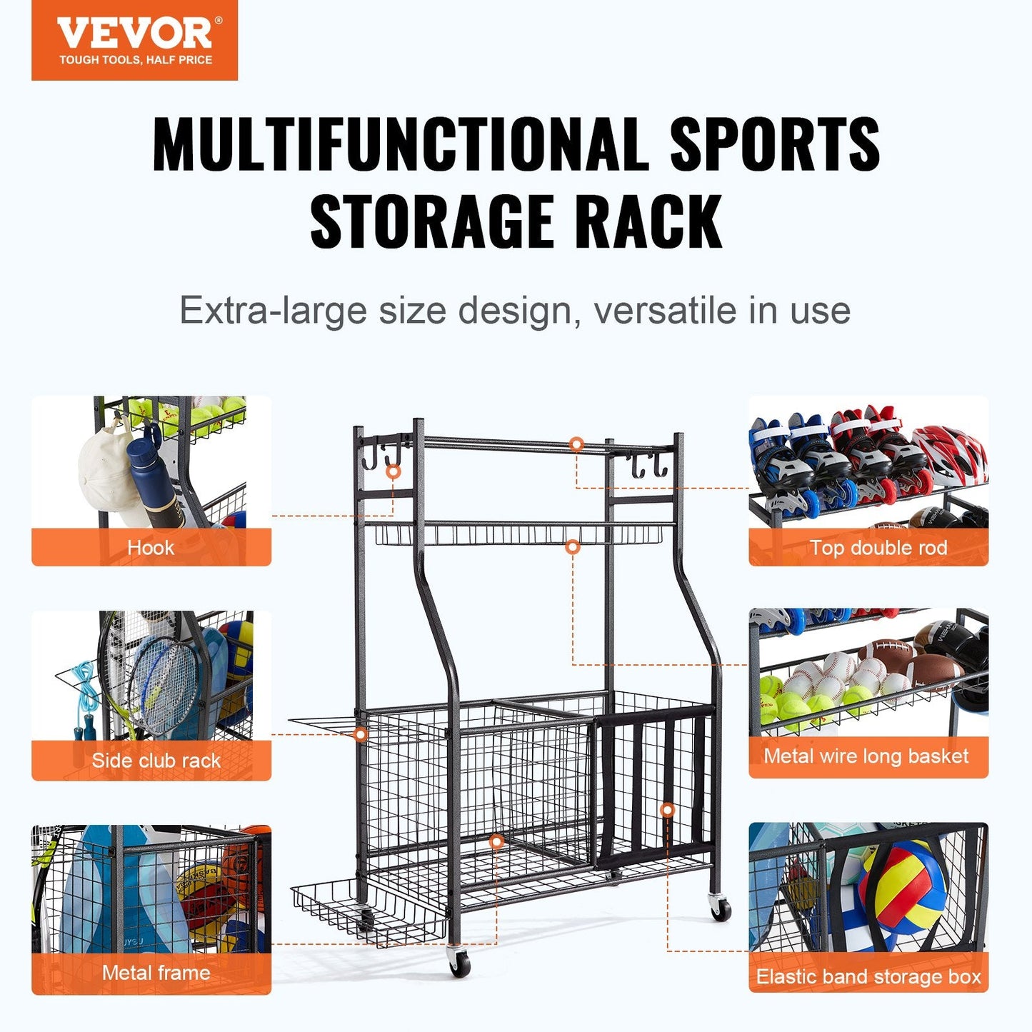 Rolling Sports Gear Cart with Baskets & Hooks - Indoor/Outdoor Storage Solution