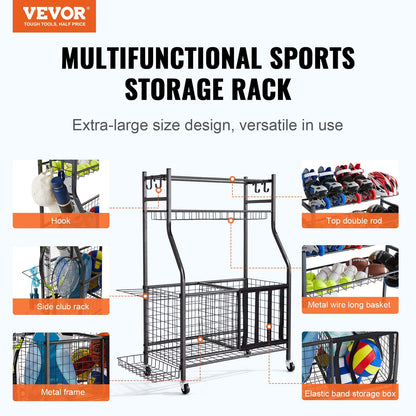 Rolling Sports Gear Cart with Baskets & Hooks - Indoor/Outdoor Storage Solution