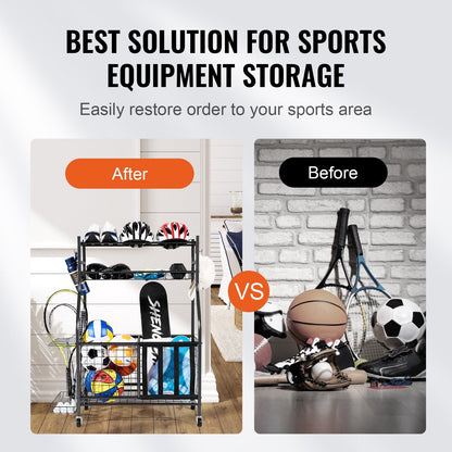 Rolling Sports Gear Cart with Baskets & Hooks - Indoor/Outdoor Storage Solution