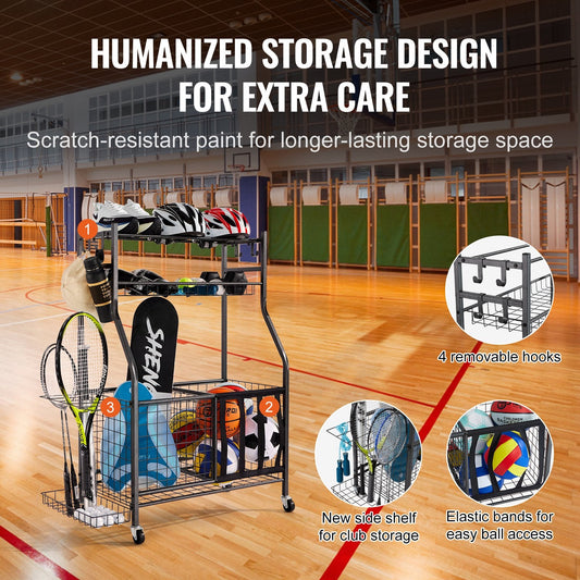 Rolling Sports Gear Cart with Baskets & Hooks - Indoor/Outdoor Storage Solution