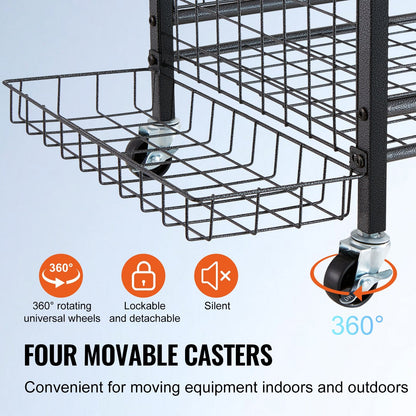 Rolling Sports Gear Cart with Baskets & Hooks - Indoor/Outdoor Storage Solution