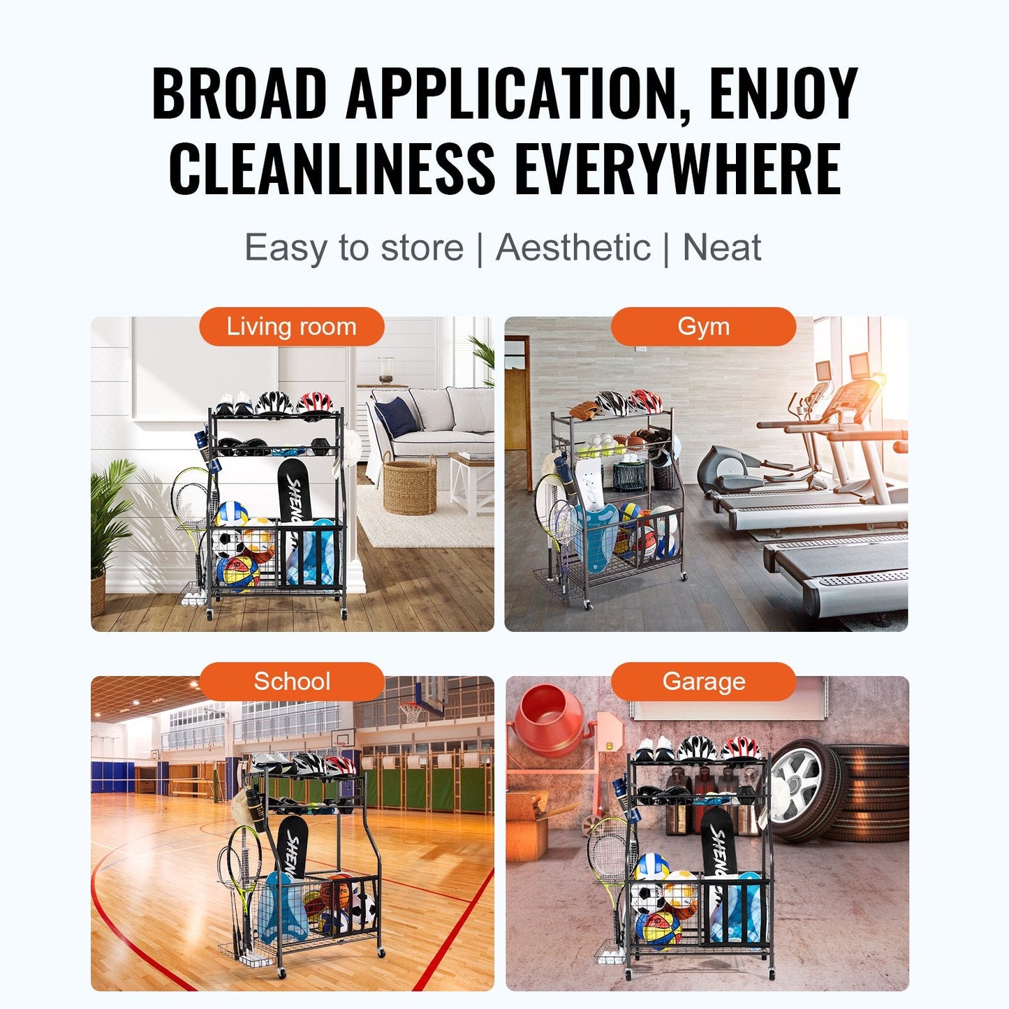 Rolling Sports Gear Cart with Baskets & Hooks - Indoor/Outdoor Storage Solution