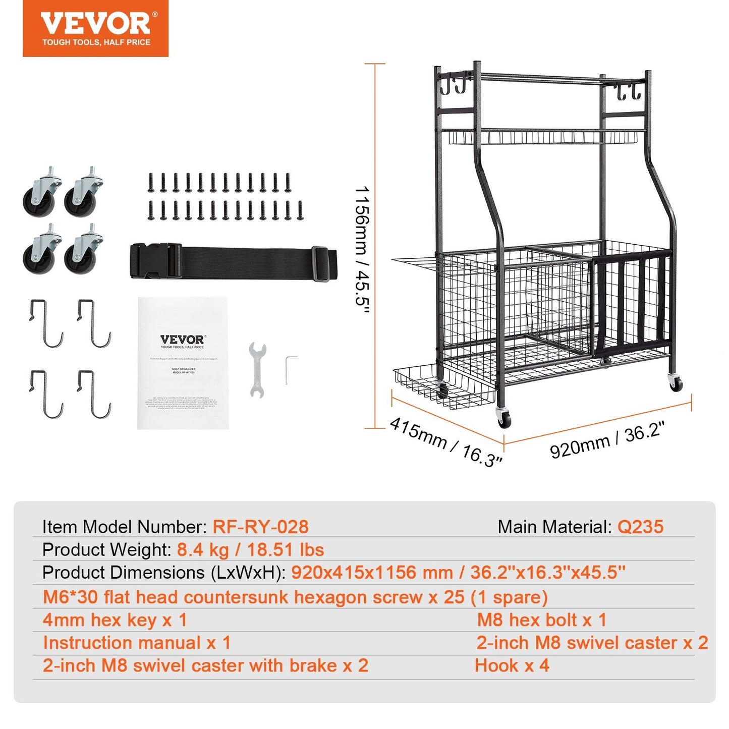 Rolling Sports Gear Cart with Baskets & Hooks - Indoor/Outdoor Storage Solution