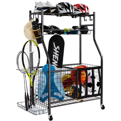 Rolling Sports Gear Cart with Baskets & Hooks - Indoor/Outdoor Storage Solution
